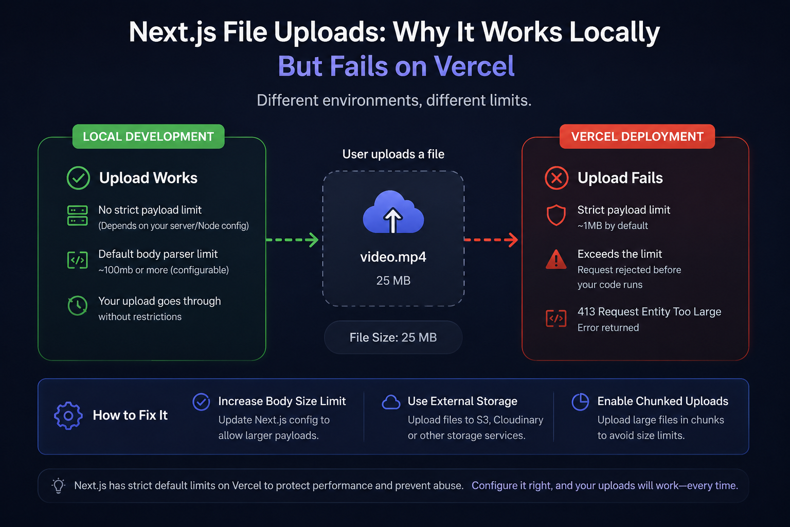 Infographic comparing Next.js file uploads on local development versus Vercel, showing why large file uploads fail and how to fix upload size limits.